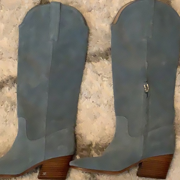 NEW•SAM EDELMAN• Blue Suede Leather Britten Western Knee-High Boot Size 7.5 - Picture 3 of 7